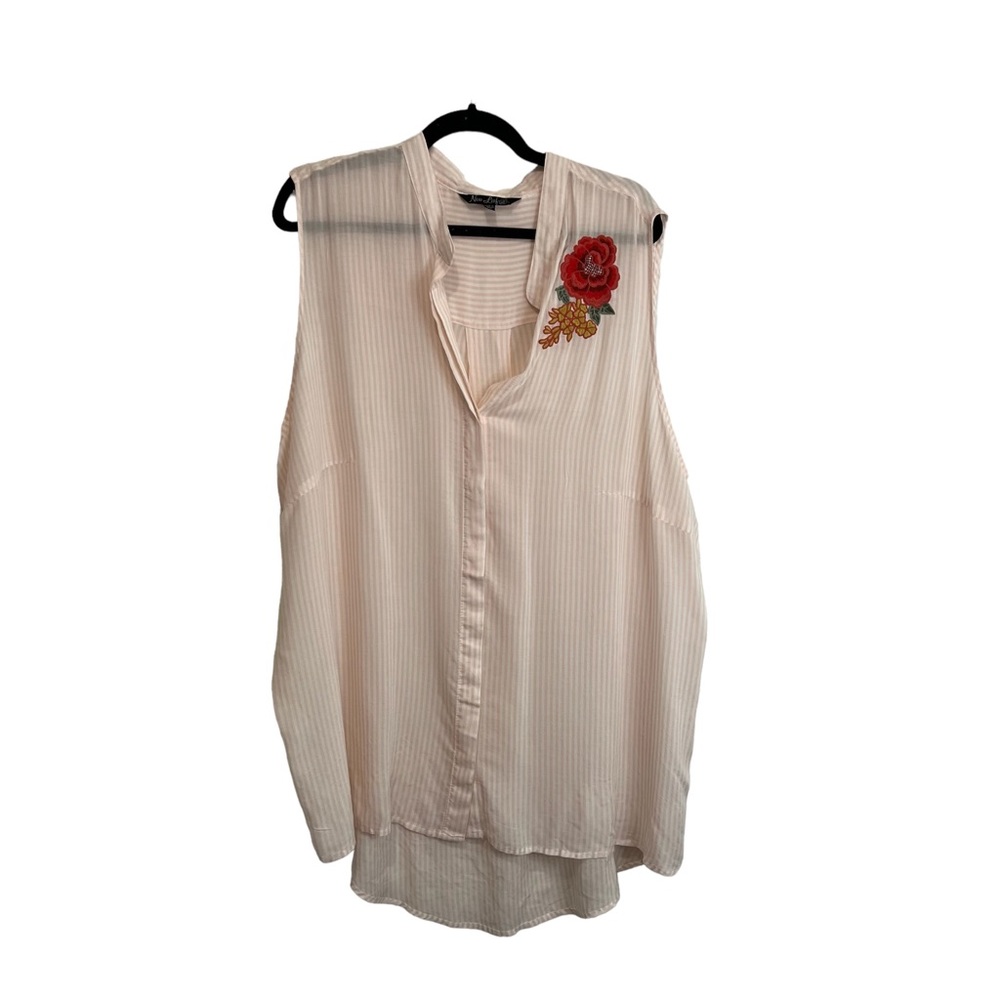 New Leaf Striped Sleeveless Floral Applique Button Up Tunic Top Womens Size 2X